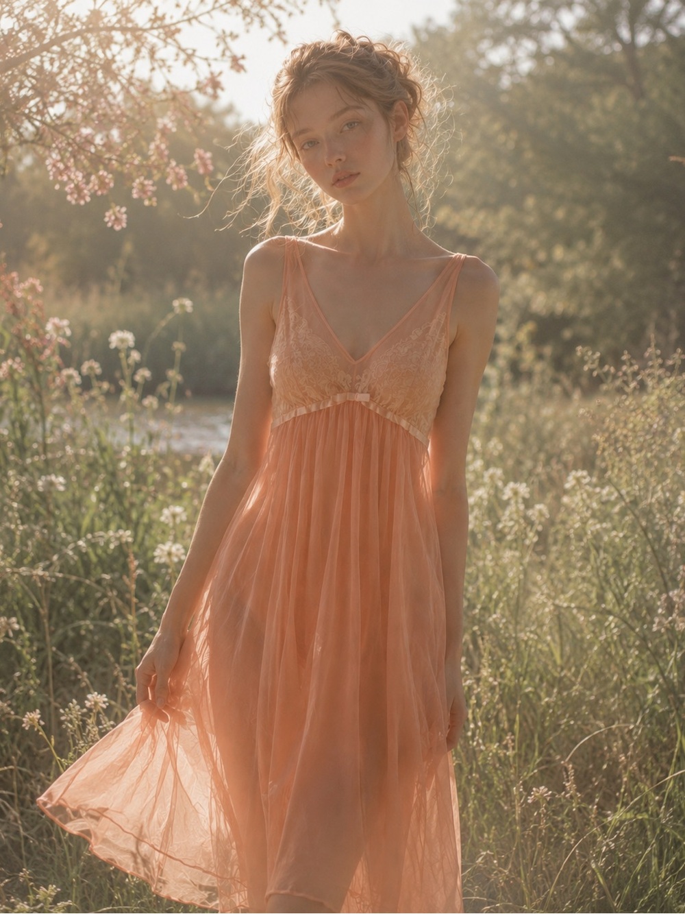 Vtg Vanity Fair Peach Y2K Babydoll Lace Coquette Fairy Feminine Slip Dress Sz 36